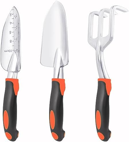 Garden Tools Set, 3 Pack Heavy Duty Gardening Tools Set Include Garden Shovel, Transplant Trowel and Hand Rake with Ergonomic Non-Slip Handle, Aluminum Alloy Lawn for Planting, Orange