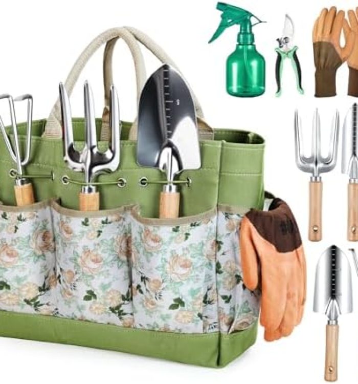 Gardening Tools 9-Piece Heavy Duty Gardening Hand Tools with Fashion and Durable Garden Tools Organizer Handbag,Rust-Proof Garden Tool Set, Ideal Gardening Gifts for Women